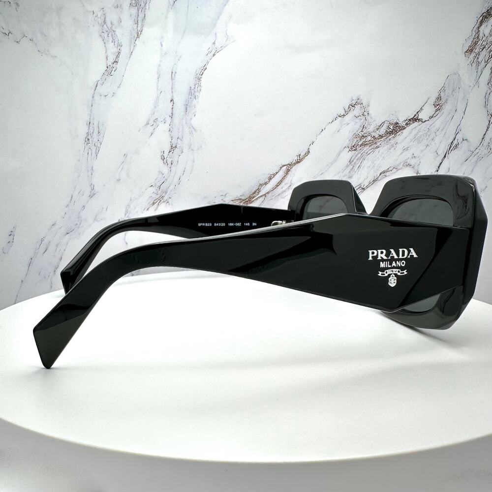 New PRADA Sunglasses Black Silver Symbole Logo Oversized Square Frame 54mm - Picture 15 of 16